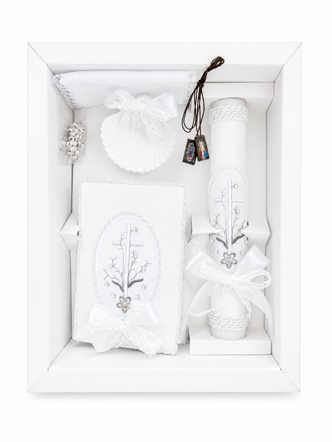 6 piece catholic baptism candle set gift box with embroidered cross candle bible shell rosary and guadalupe scapular white