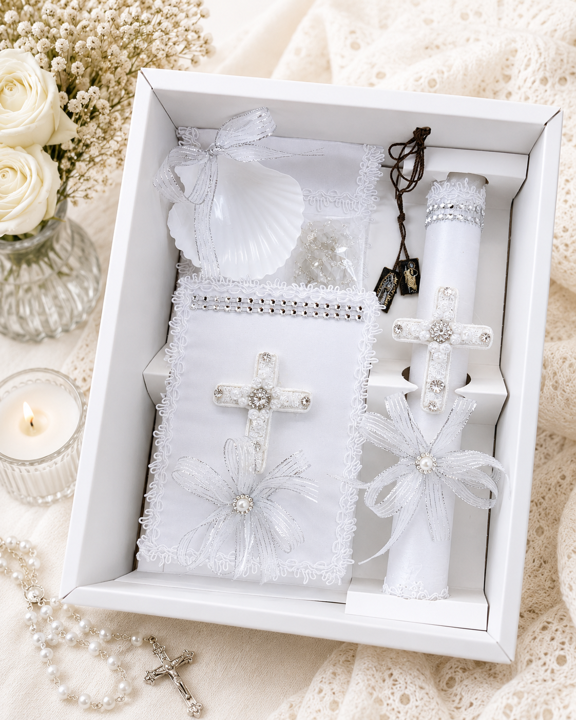 Complete 6 piece baptism gift set lifestyle photo with lace rose cross candle bible shell handkerchief crystal rosary and scapular