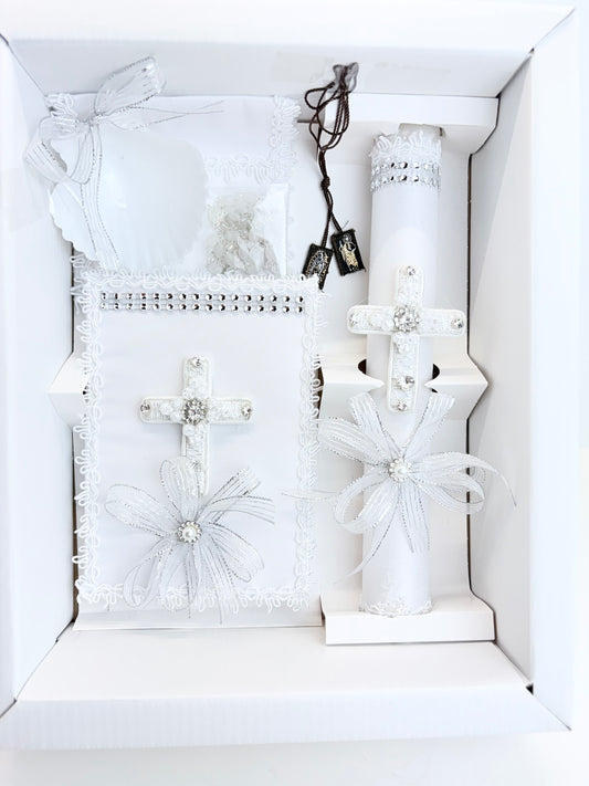 6 piece catholic baptism candle set gift box with lace rose cross candle bible shell rosary handkerchief and guadalupe st jude scapular