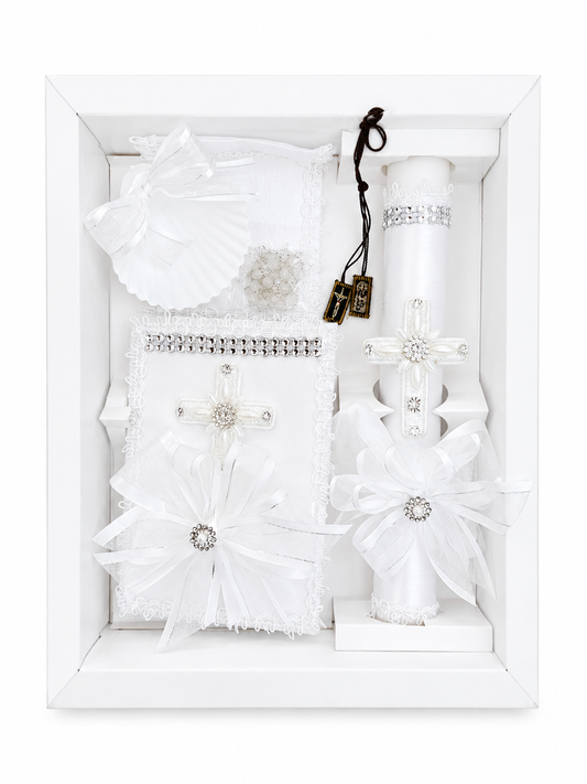 6 piece catholic baptism candle set gift box with pearl cross candle bible shell rosary and mt carmel scapular