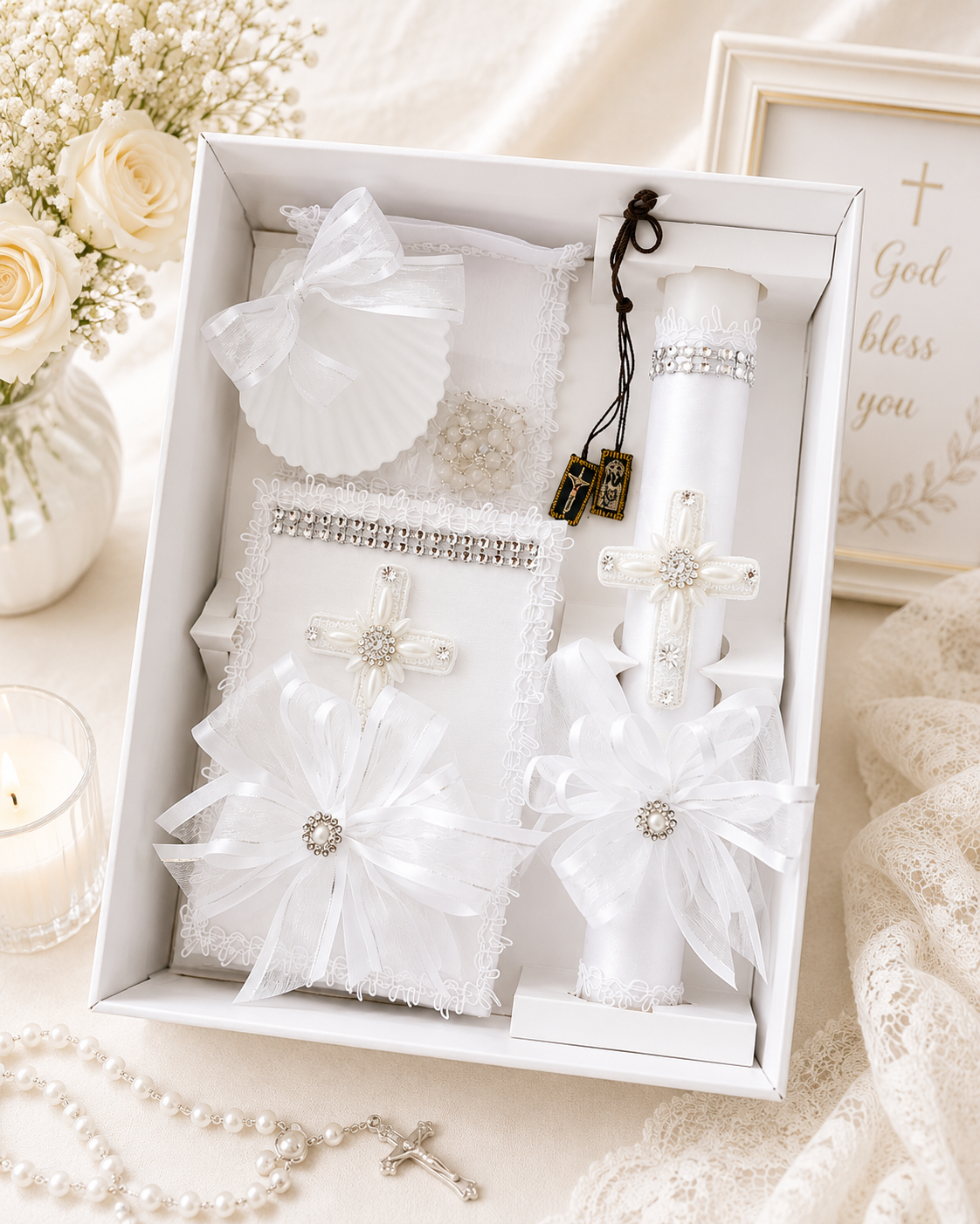 6 piece catholic baptism candle set lifestyle photo with pearl cross candle decorated bible shell handkerchief white beaded rosary and mt carmel scapular gift boxed