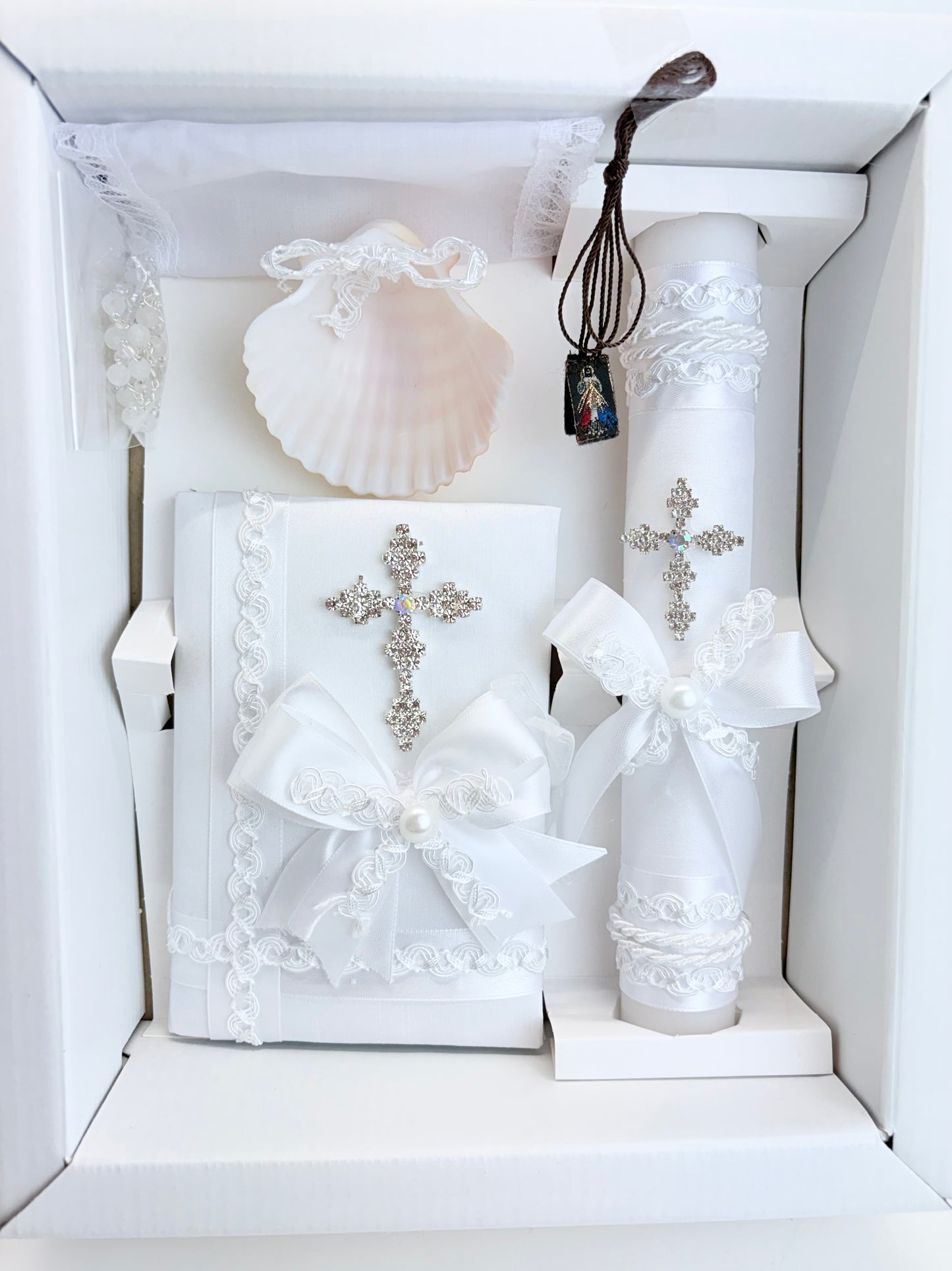 6 piece catholic baptism candle set gift box with rhinestone cross brooch candle bible shell rosary and guadalupe scapular white