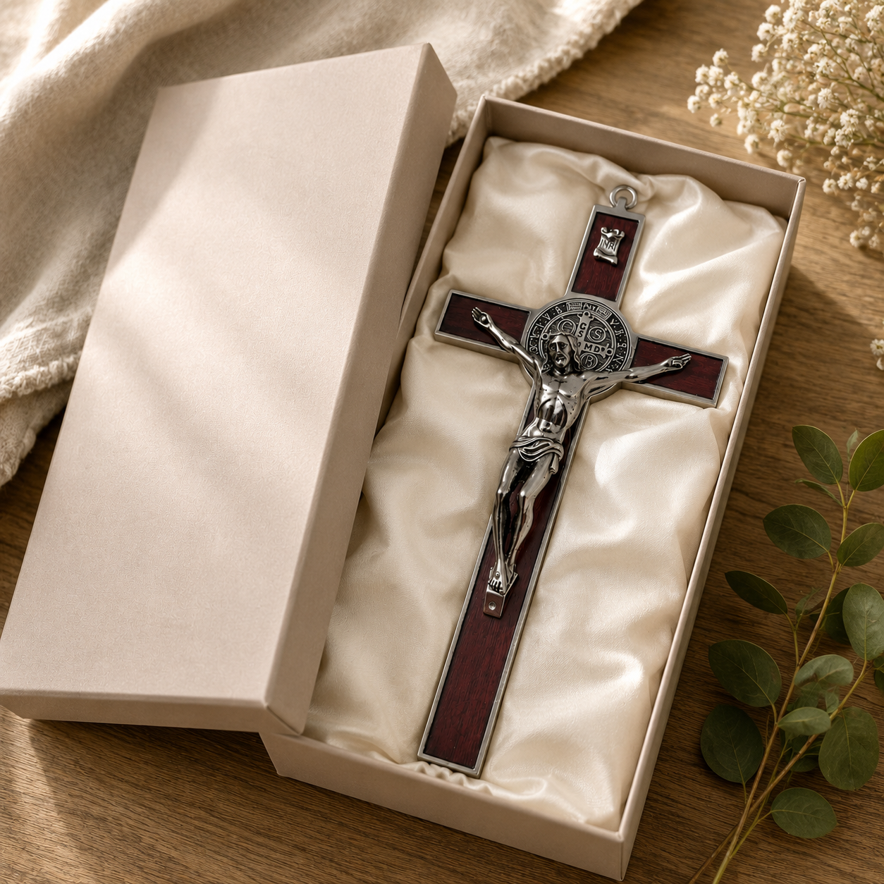 Wood Inlay St. Benedict Crucifix | Catholic Wall Crucifix with Medal – 7” & 12”