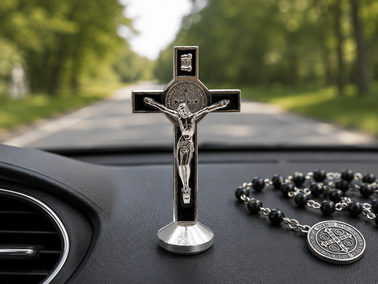 Black St. Benedict Car Cross – 3" Crucifix for Dashboard