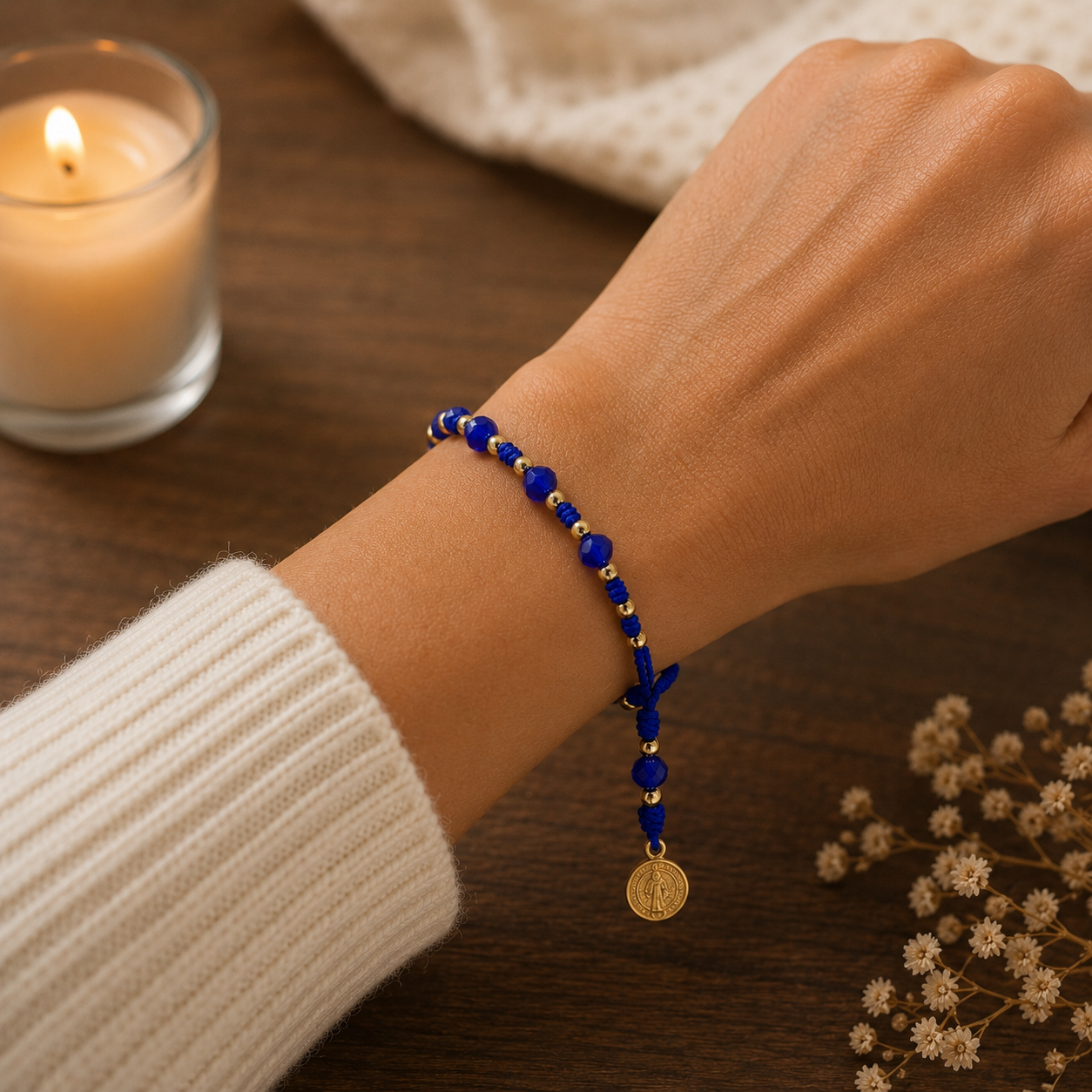 St. Benedict Beaded Bracelet with Gold Medal Charm – Red or Blue Adjustable Catholic Jewelry