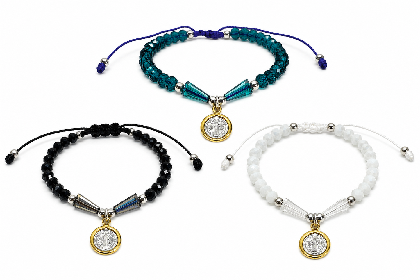 St. Benedict Beaded Bracelet with Rhinestones and Silver Accents