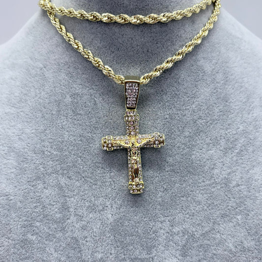 Stainless Steel Crucifix Necklace with CZ Pendant – Rope Chain (14”)