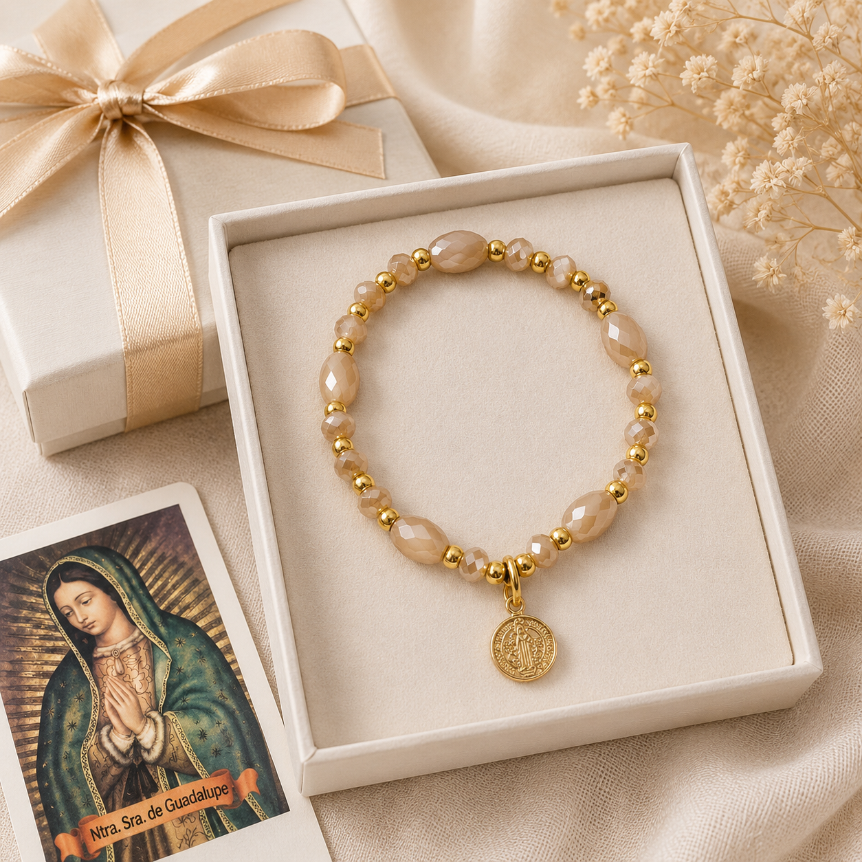 Beige and Gold St. Benedict Beaded Bracelet with Elastic Band + Spanish Our Lady of Guadalupe Prayer Card
