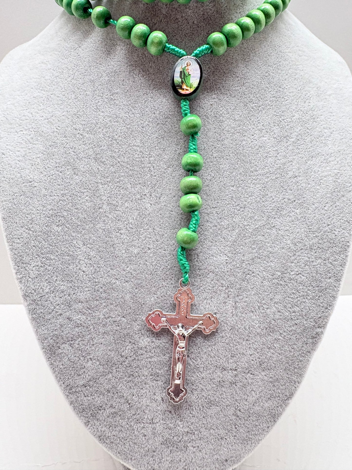 Green St Jude Wooden Rosary with St. Benedict Crucifix