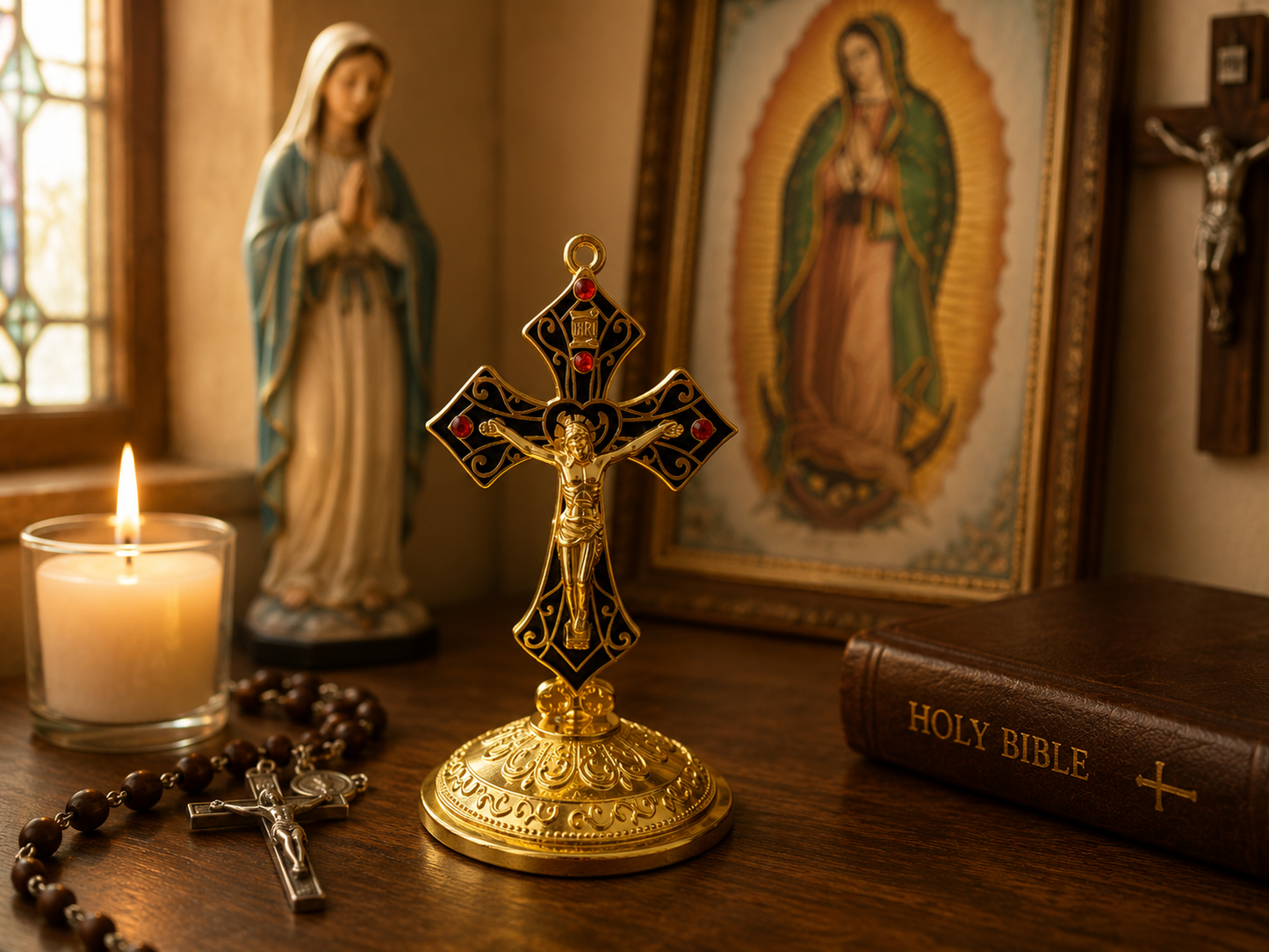 Gold Saint Benedict Dashboard Crucifix | 3.5” Catholic Car Cross with Adhesive Base