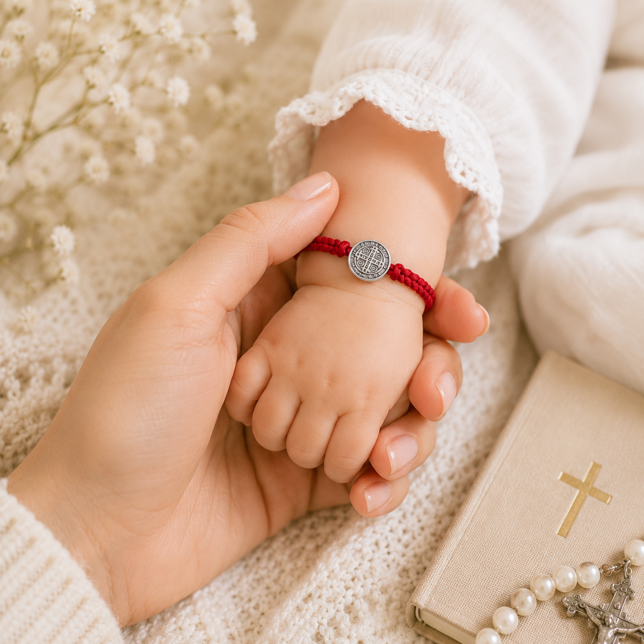 Red St. Benedict Baby Bracelet – Thick Woven Adjustable Cord