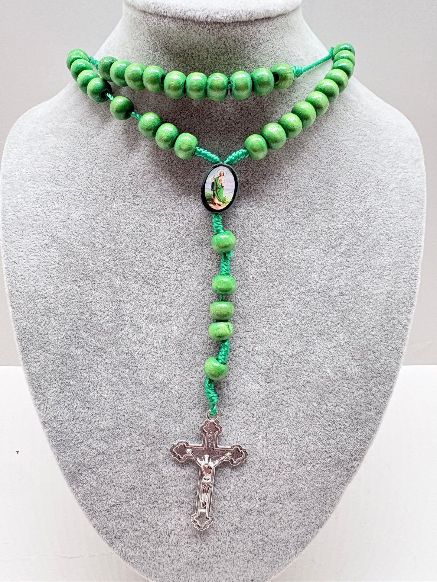 Green St Jude Wooden Rosary with St. Benedict Crucifix