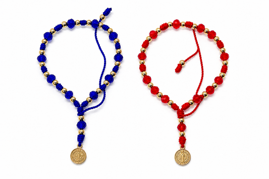 St. Benedict Beaded Bracelet with Gold Medal Charm – Red or Blue Adjustable Catholic Jewelry