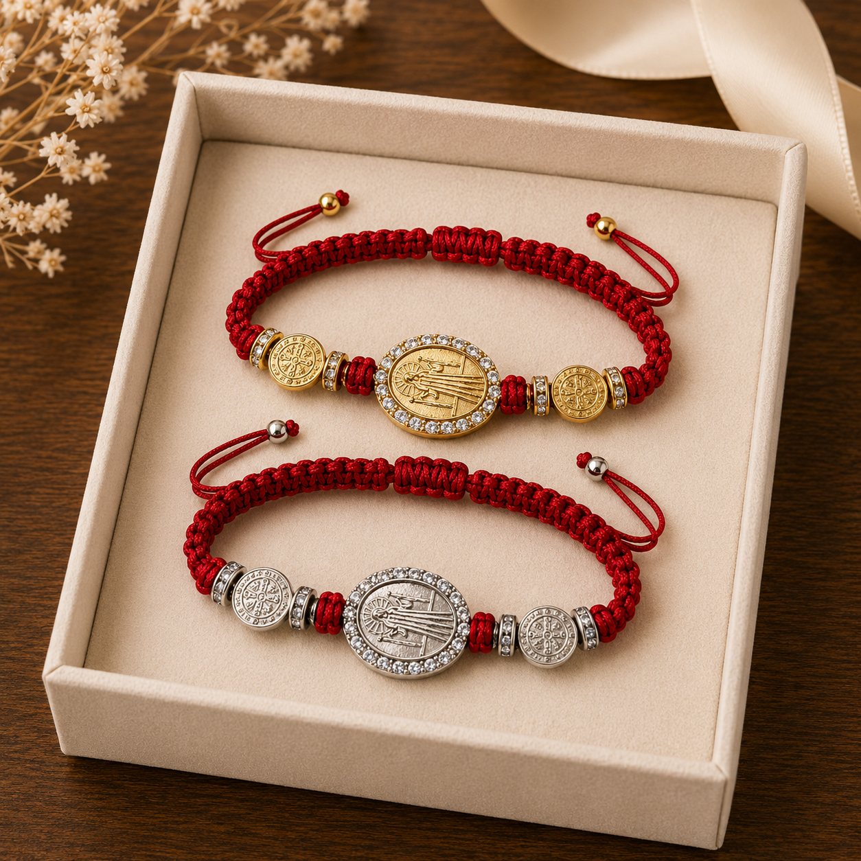 Red Cord St. Benedict Bracelet – Gold or Silver Medal Accent, Adjustable Fit