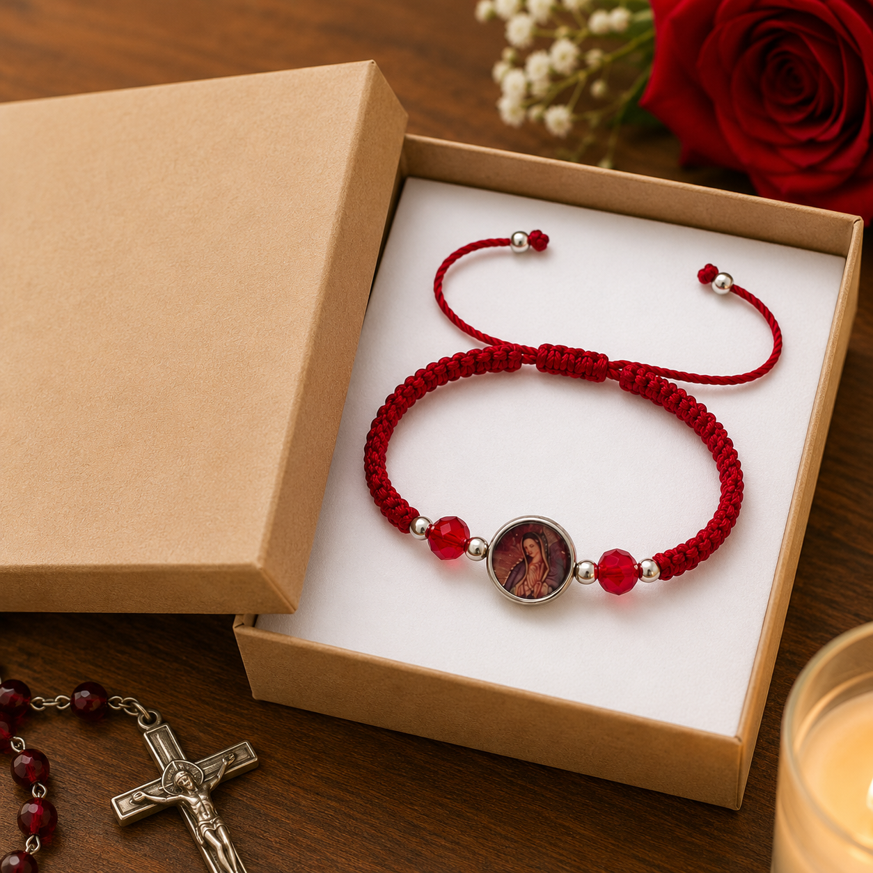 Our Lady of Guadalupe Red Bracelet with Rhinestones and Silver Beads