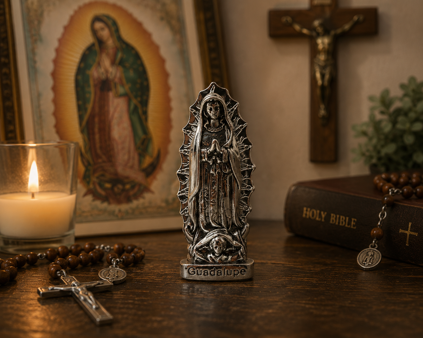 Our Lady of Guadalupe Dashboard Figurine Silver | 3” Catholic Car Figurine with Adhesive Base