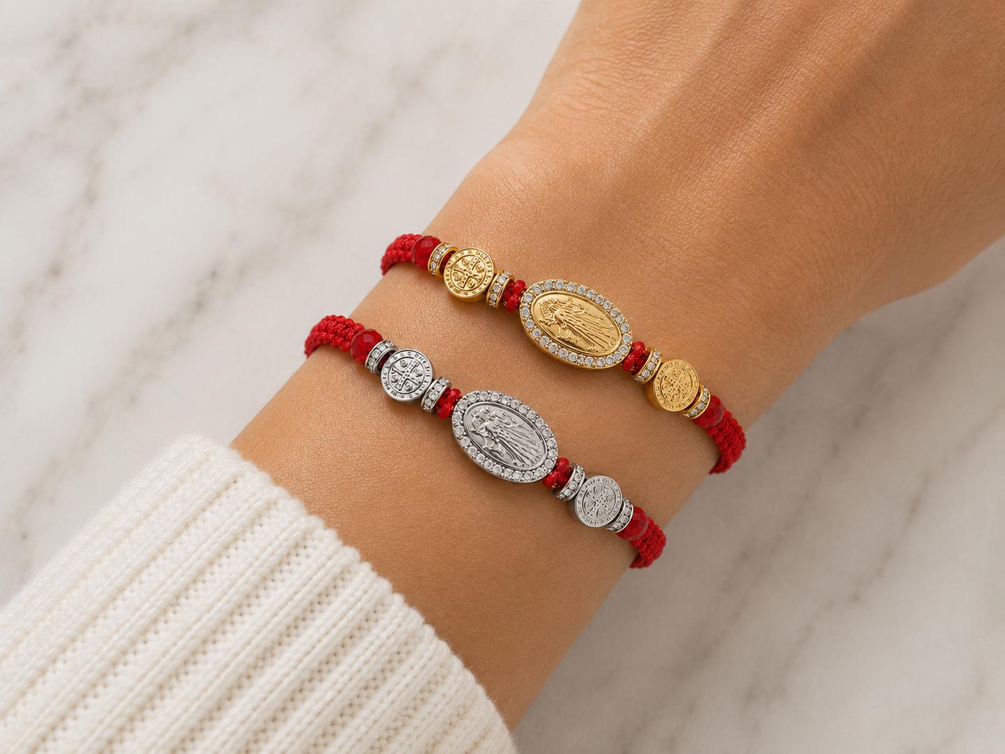 Red Cord St. Benedict Bracelet – Gold or Silver Medal Accent, Adjustable Fit