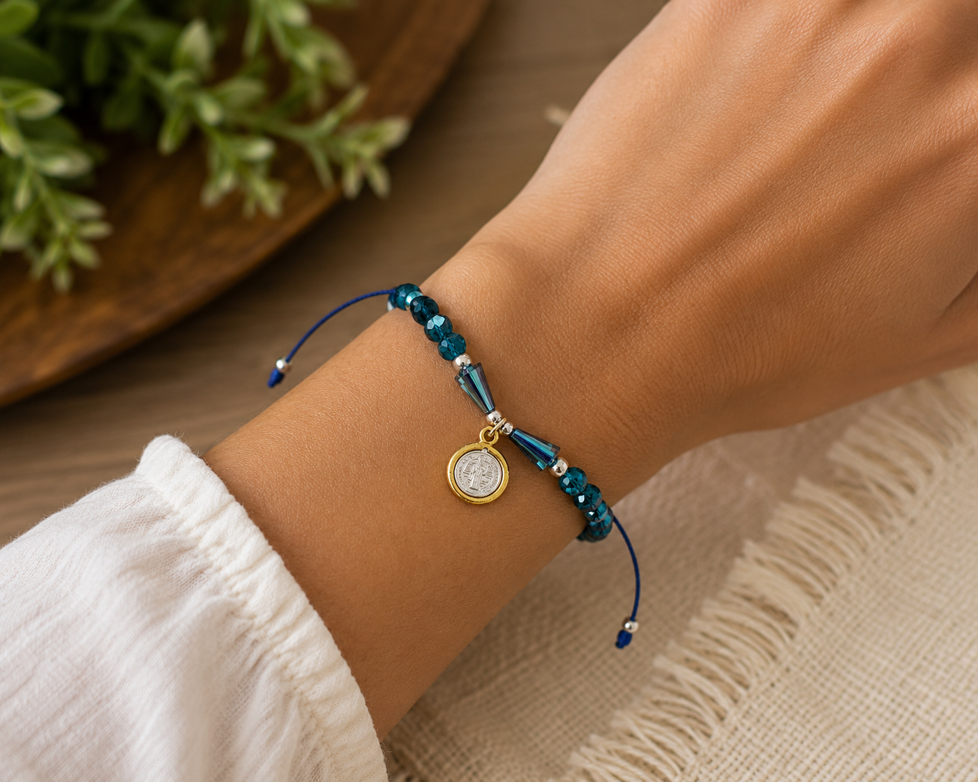 St. Benedict Beaded Bracelet with Rhinestones and Silver Accents
