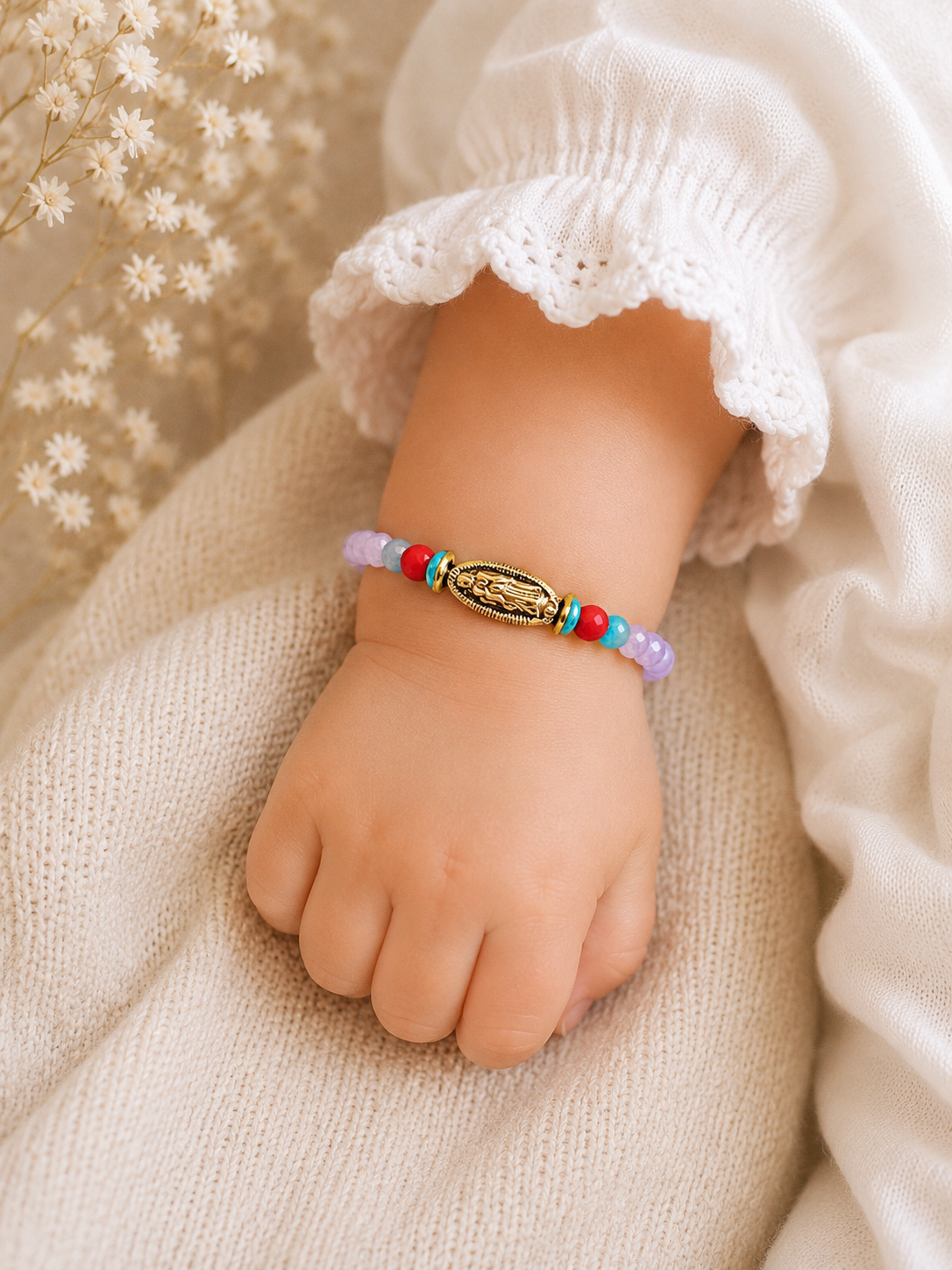 Purple Beaded Guadalupe Baby Bracelet – Adjustable Catholic Infant Gift