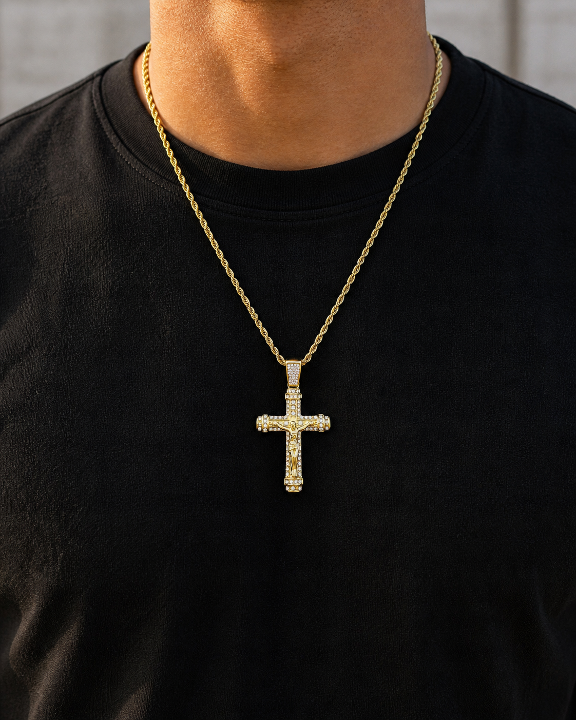 Crucifix Necklace for Men, Gold Rope Chain, CZ Diamond Cross Pendant, Waterproof Stainless Steel