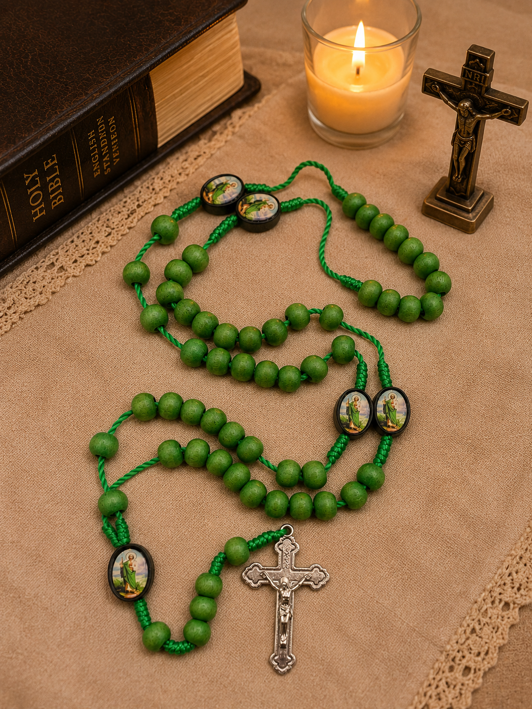 Green St Jude Wooden Rosary with St. Benedict Crucifix