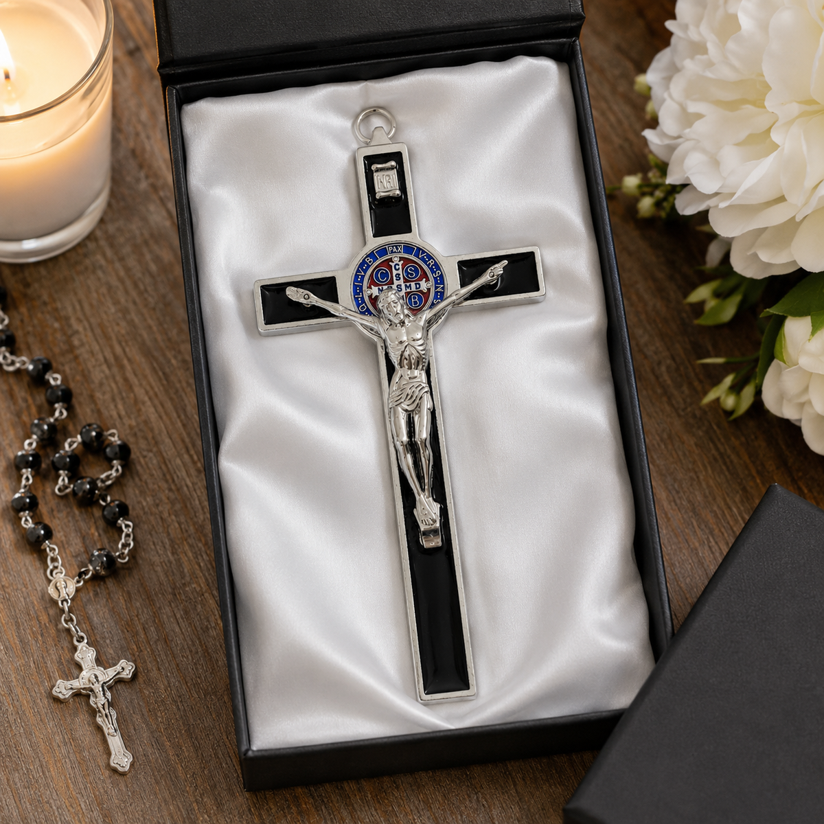 St. Benedict Crucifix with Black Enamel | 8-Inch Wall Cross with INRI & Medal