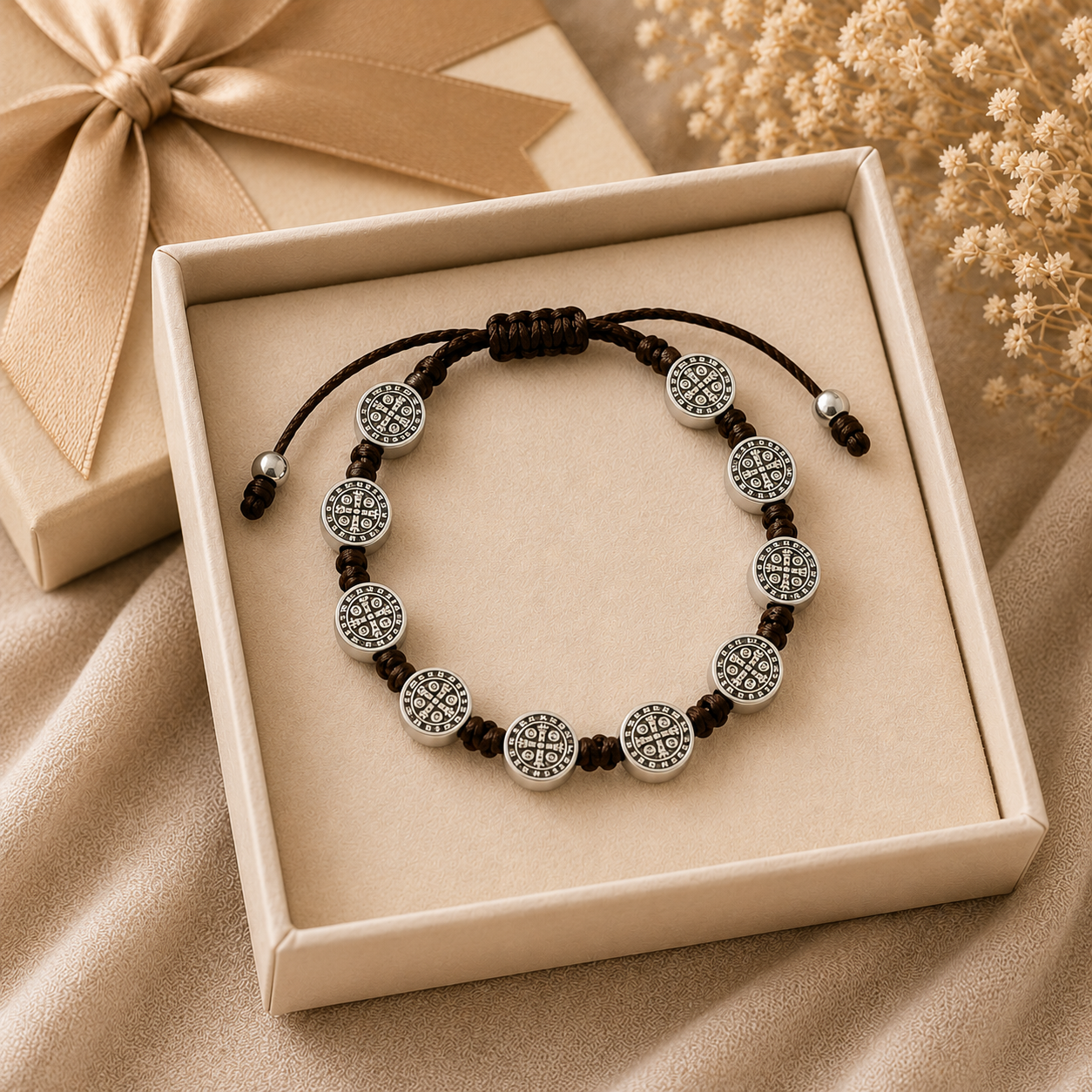 St. Benedict 10 Medal Brown Cord Bracelet
