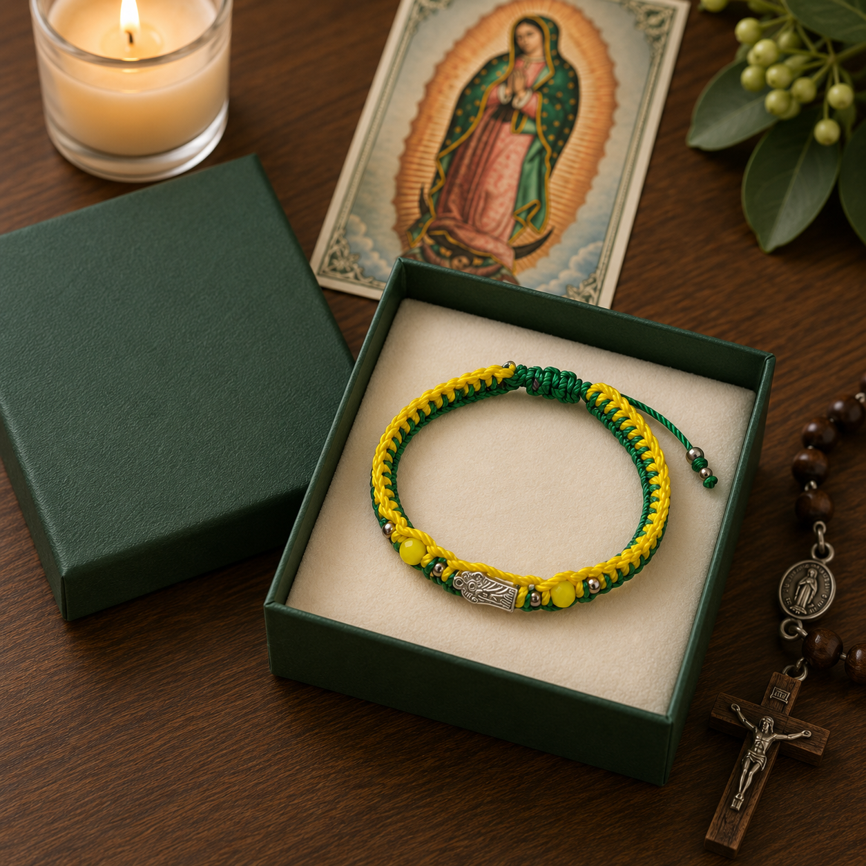 St. Jude Bracelet – Green & Yellow Beaded Adjustable Catholic Bracelet