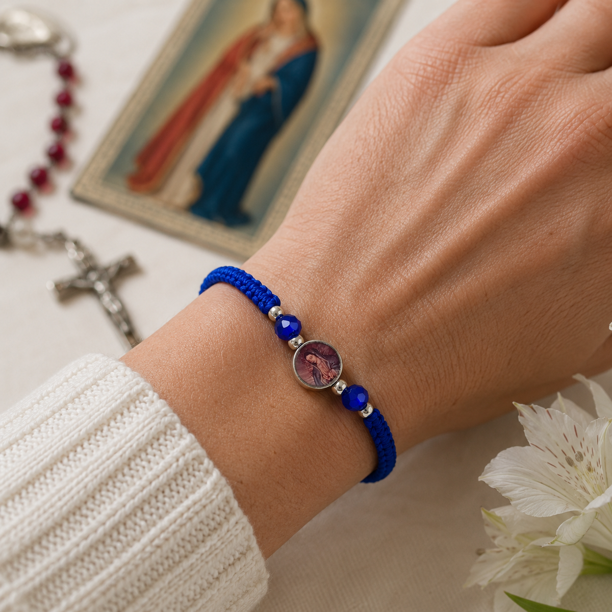 Our Lady of Guadalupe Blue Bracelet with Rhinestones and Silver Beads