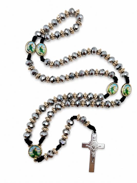 Silver Beaded St. Jude Rosary with St. Benedict Crucifix