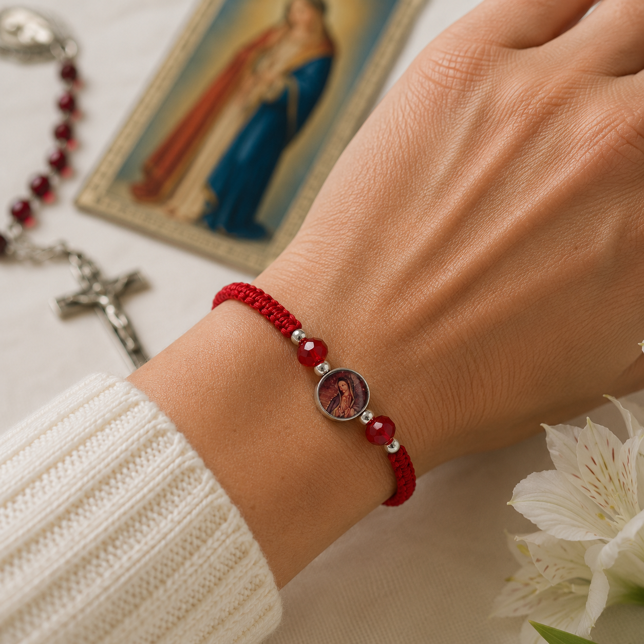 Our Lady of Guadalupe Red Bracelet with Rhinestones and Silver Beads