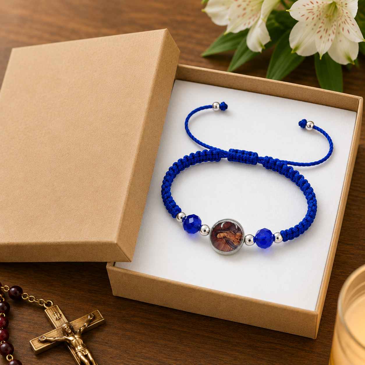 Our Lady of Guadalupe Blue Bracelet with Rhinestones and Silver Beads