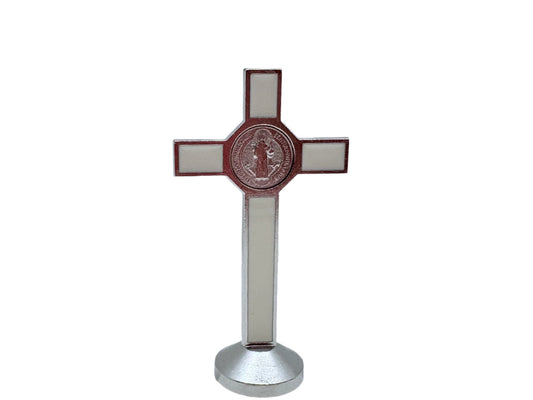 Back view of white dashboard Saint Benedict crucifix with silver corpus christi and St. Benedict medal  on a white background