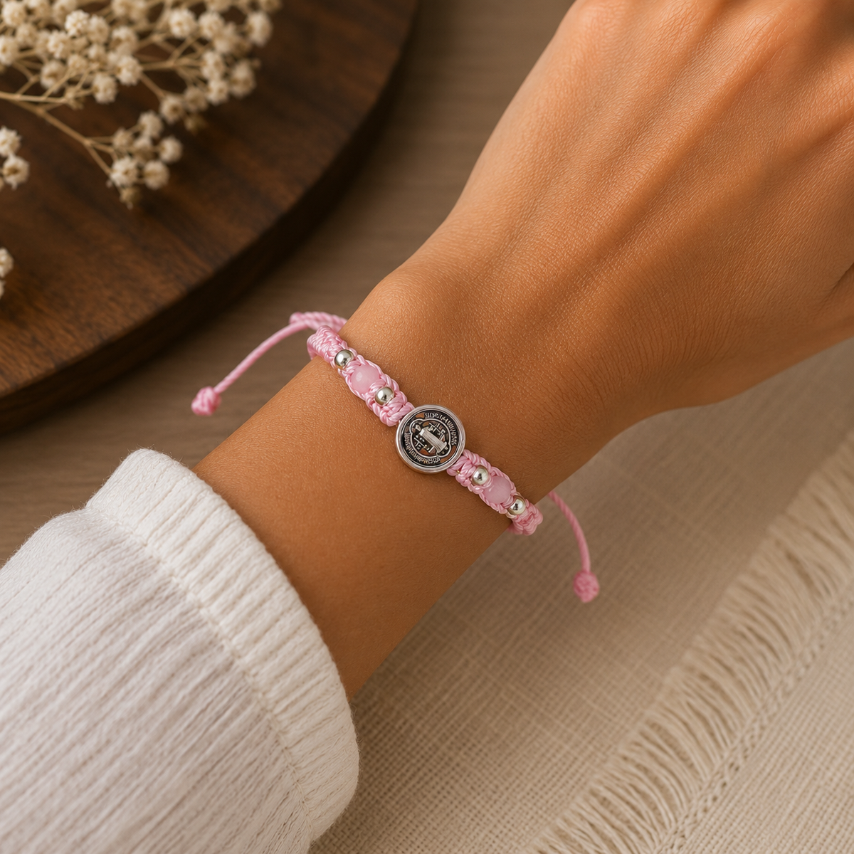 Pink St. Benedict Bracelet – Adjustable Beaded Bracelet for Women