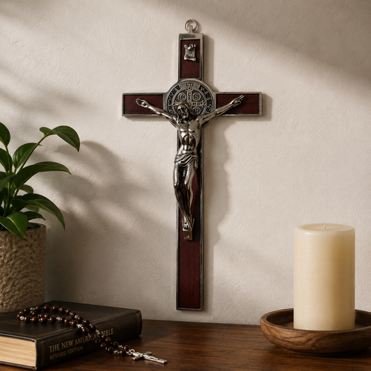 Wood Inlay St. Benedict Crucifix | Catholic Wall Crucifix with Medal – 7” & 12”