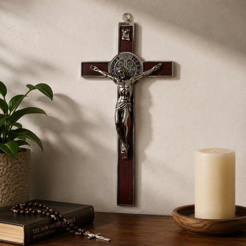 Wood Inlay St. Benedict Crucifix | Catholic Wall Crucifix with Medal – 7” & 12”