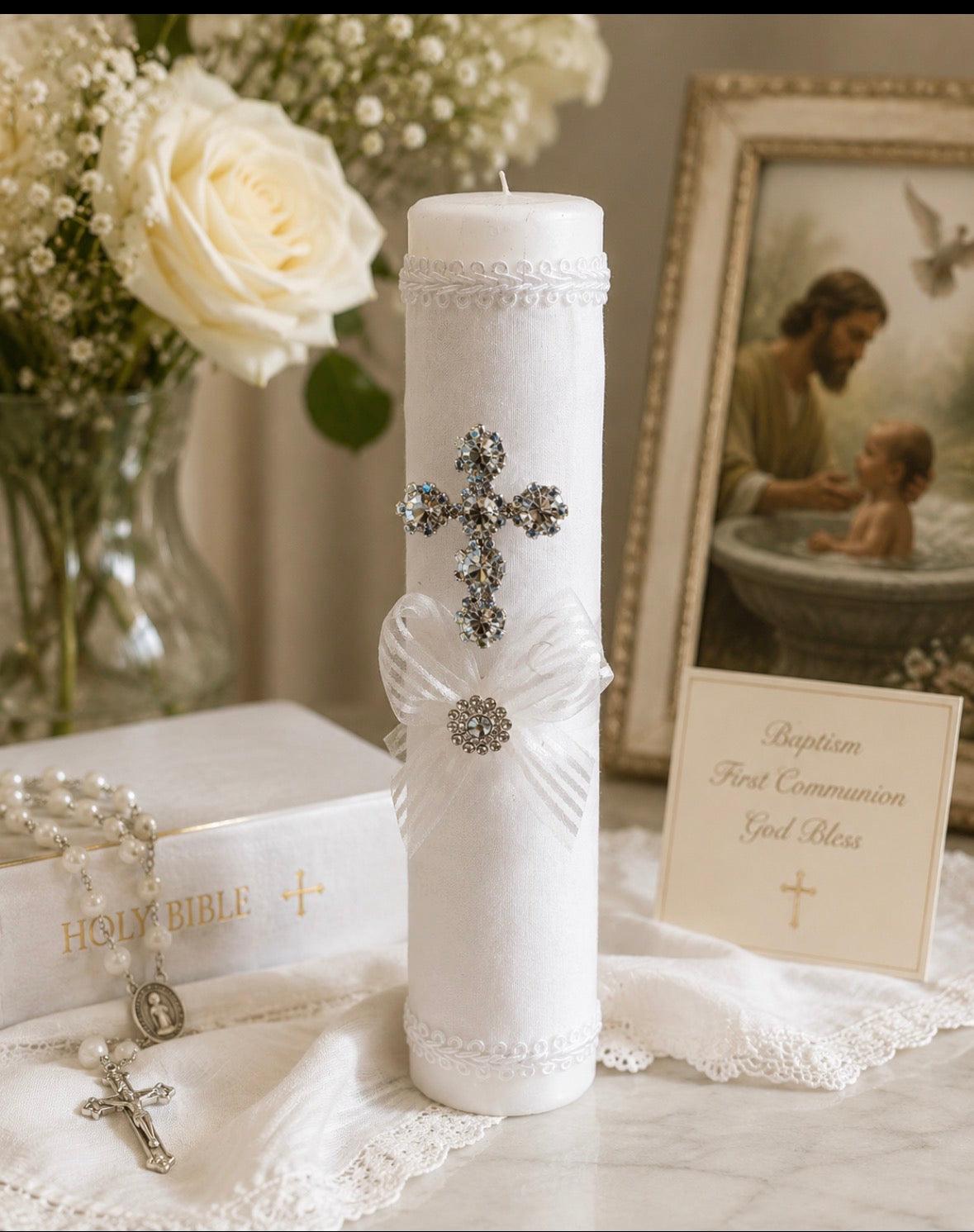 White Baptism Candle with Rhinestone Cross 8 “