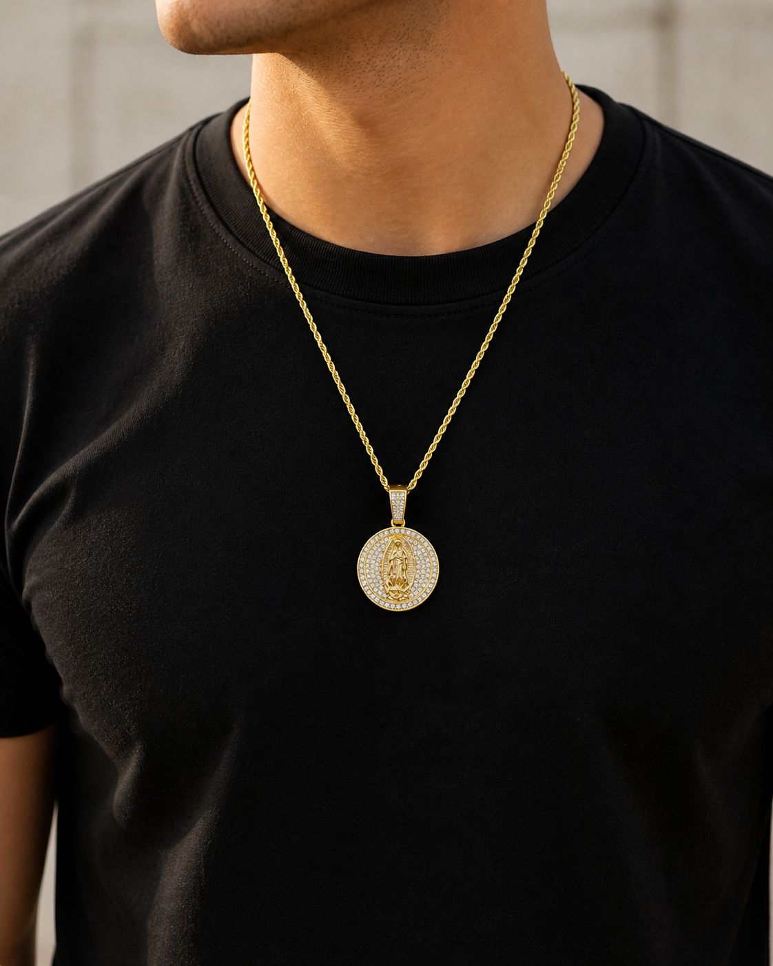 Virgin Mary Guadalupe Necklace, Gold Rope Chain, Round CZ Pendant, Waterproof Stainless Steel