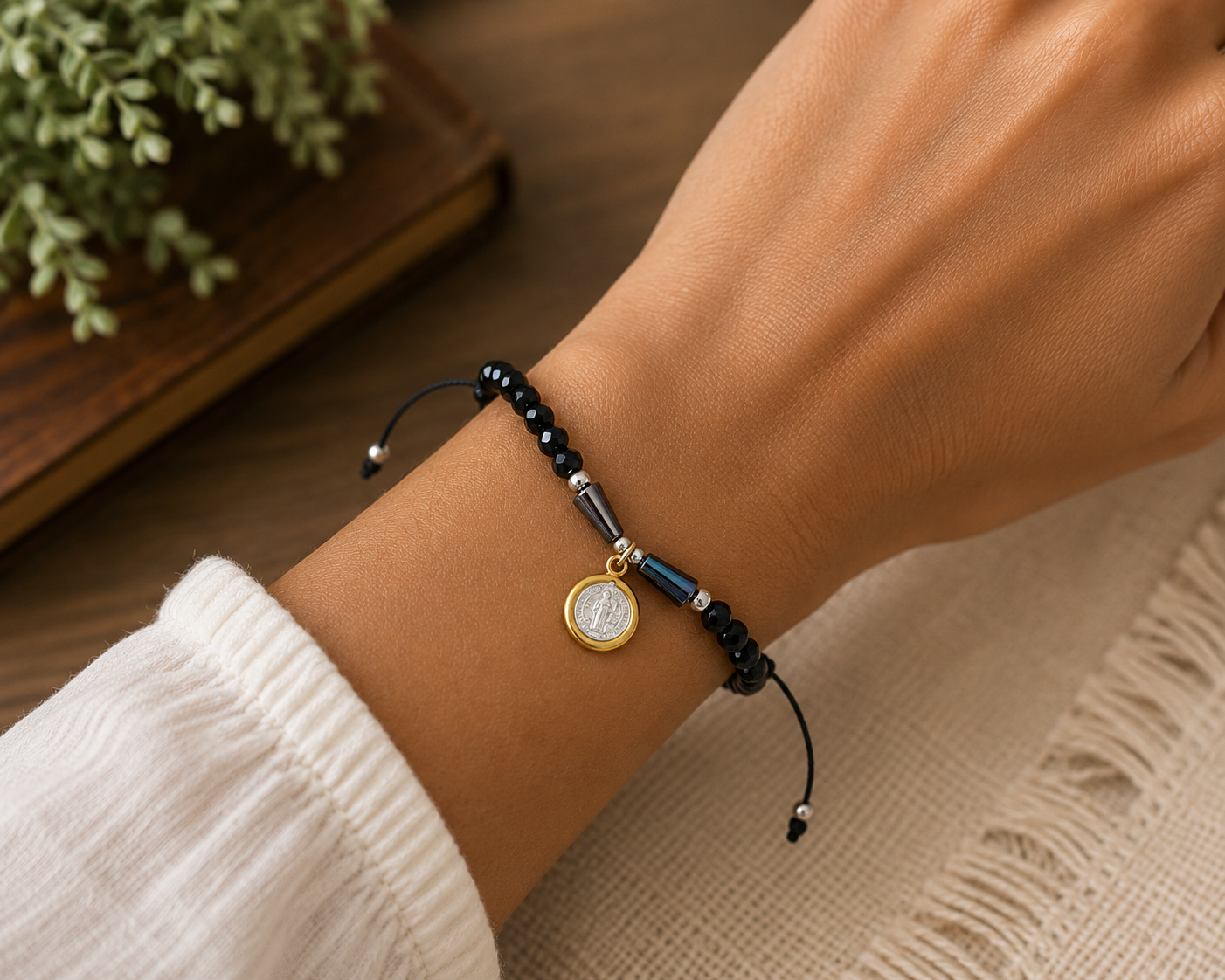 St. Benedict Beaded Bracelet with Rhinestones and Silver Accents