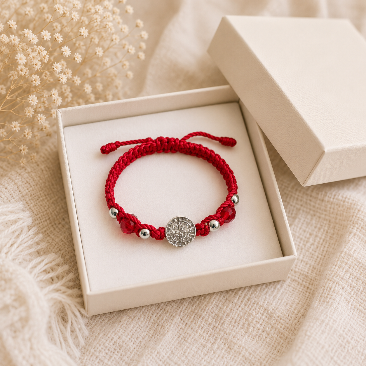 Red St. Benedict Baby Bracelet – Crystal Beaded Adjustable Nylon Bracelet