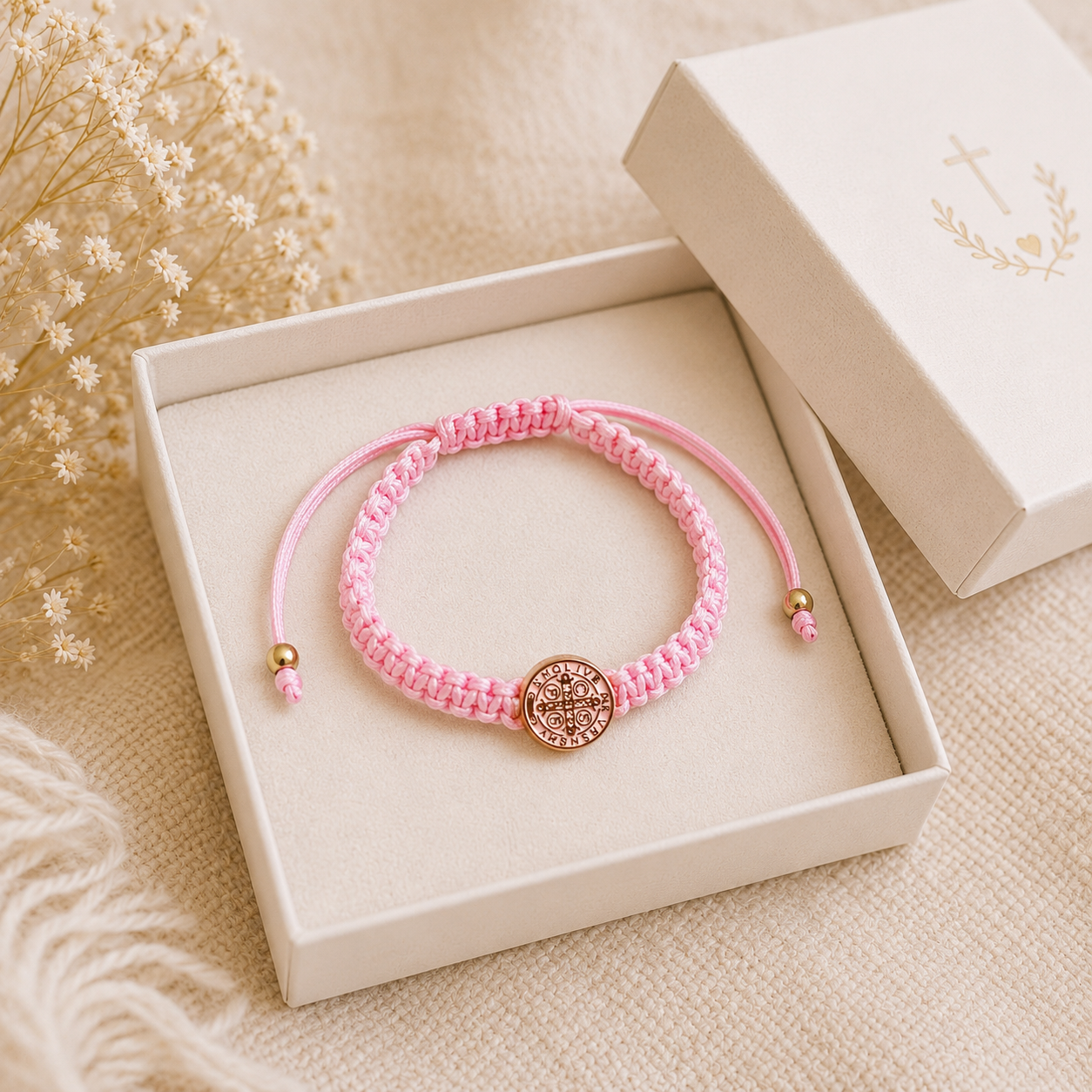 St. Benedict Baby Bracelet – Pink or Red Adjustable Catholic Infant Bracelet