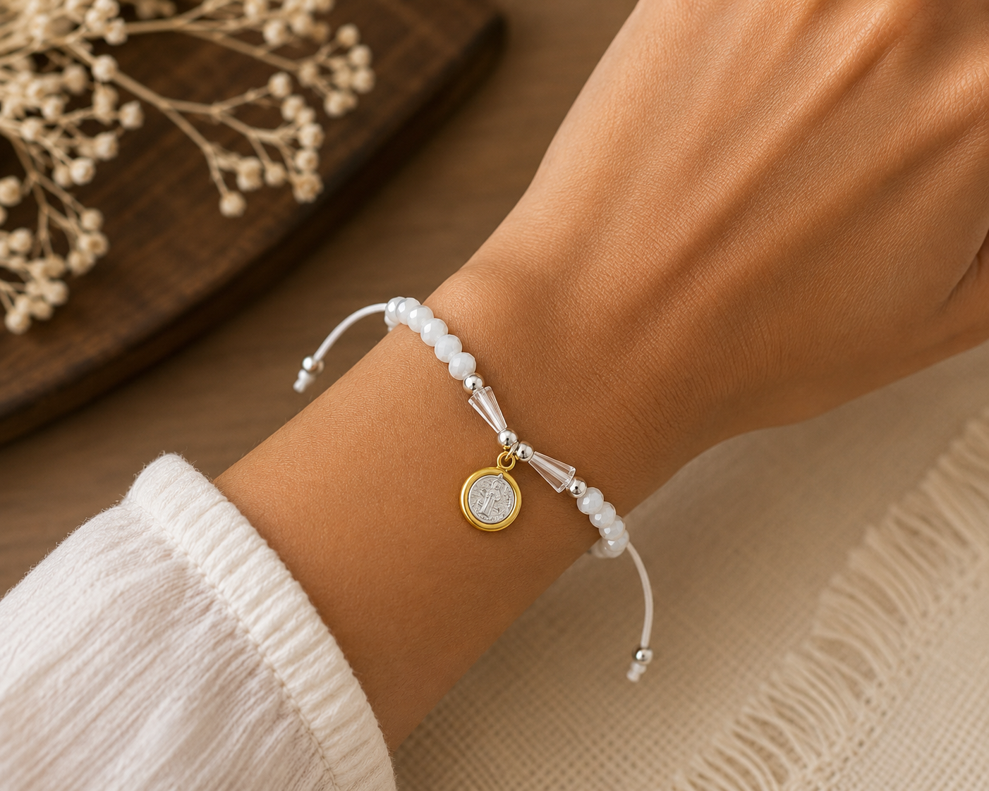 St. Benedict Beaded Bracelet with Rhinestones and Silver Accents