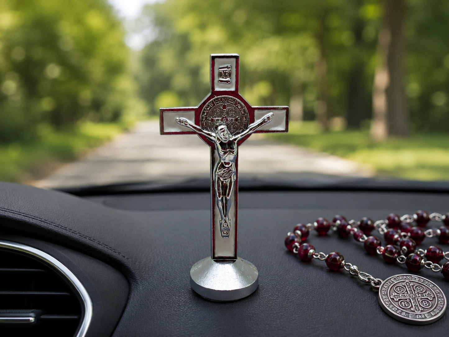 White St. Benedict Car Cross – 3" Crucifix for Dashboard
