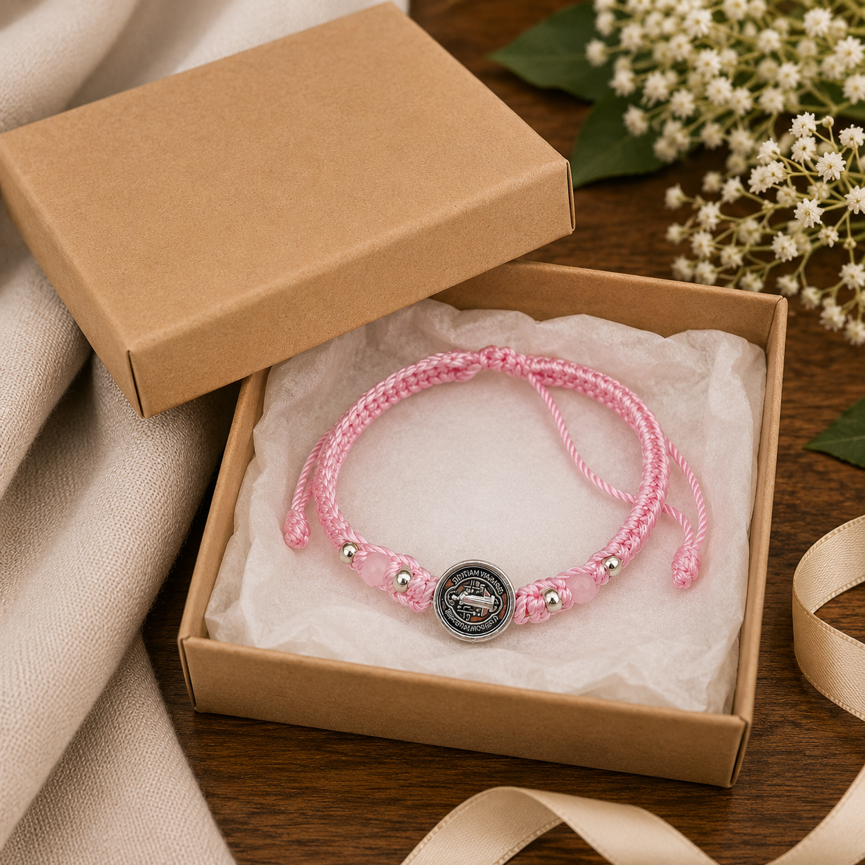 Pink St. Benedict Bracelet – Adjustable Beaded Bracelet for Women
