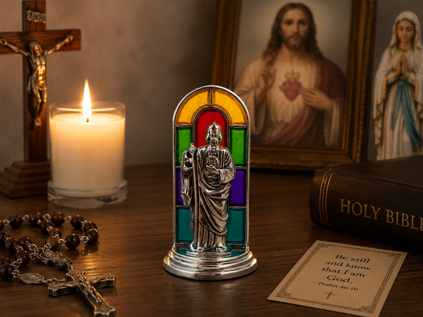 St. Jude Mini Dashboard Statue 2.5” | Catholic Car Figurine with Stained Glass Back & Adhesive Base