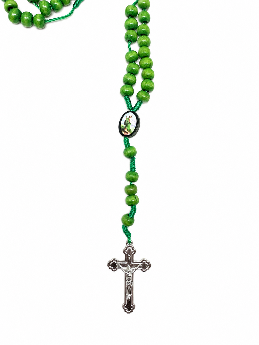 Green St Jude Wooden Rosary with St. Benedict Crucifix