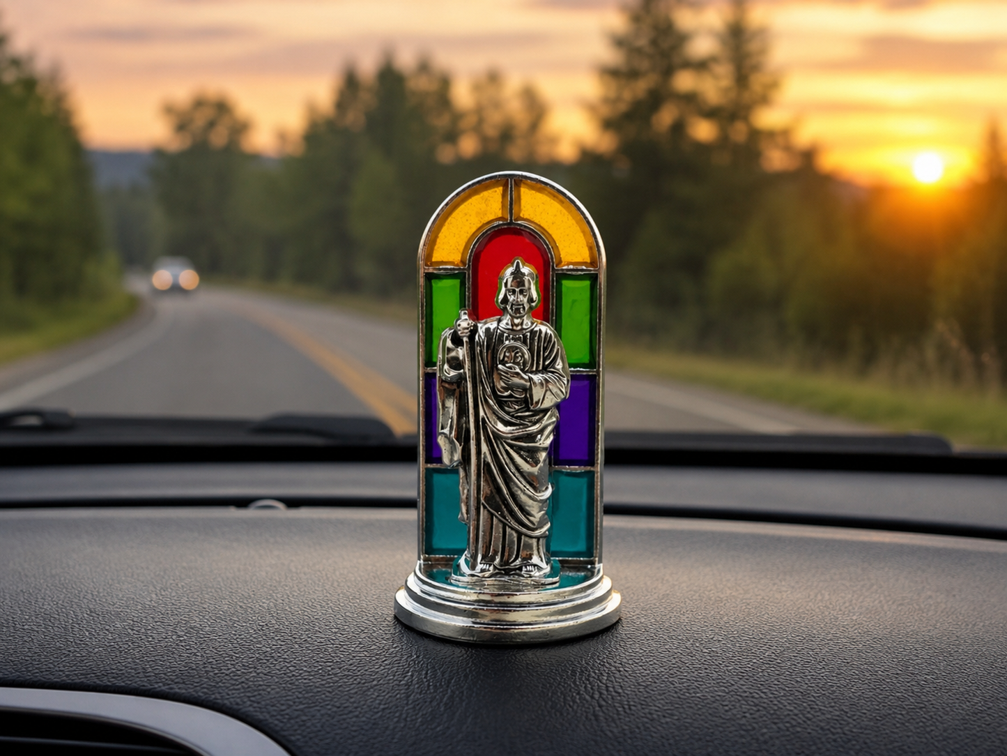 St. Jude Mini Dashboard Statue 2.5” | Catholic Car Figurine with Stained Glass Back & Adhesive Base