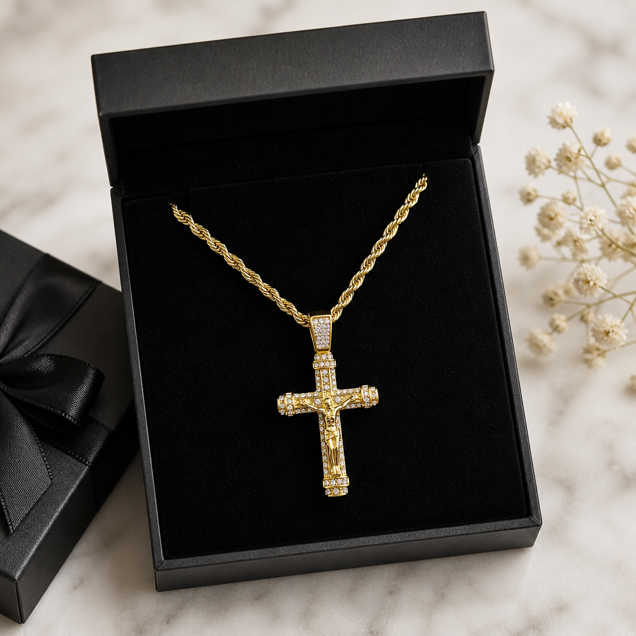 Crucifix Necklace for Men, Gold Rope Chain, CZ Diamond Cross Pendant, Waterproof Stainless Steel