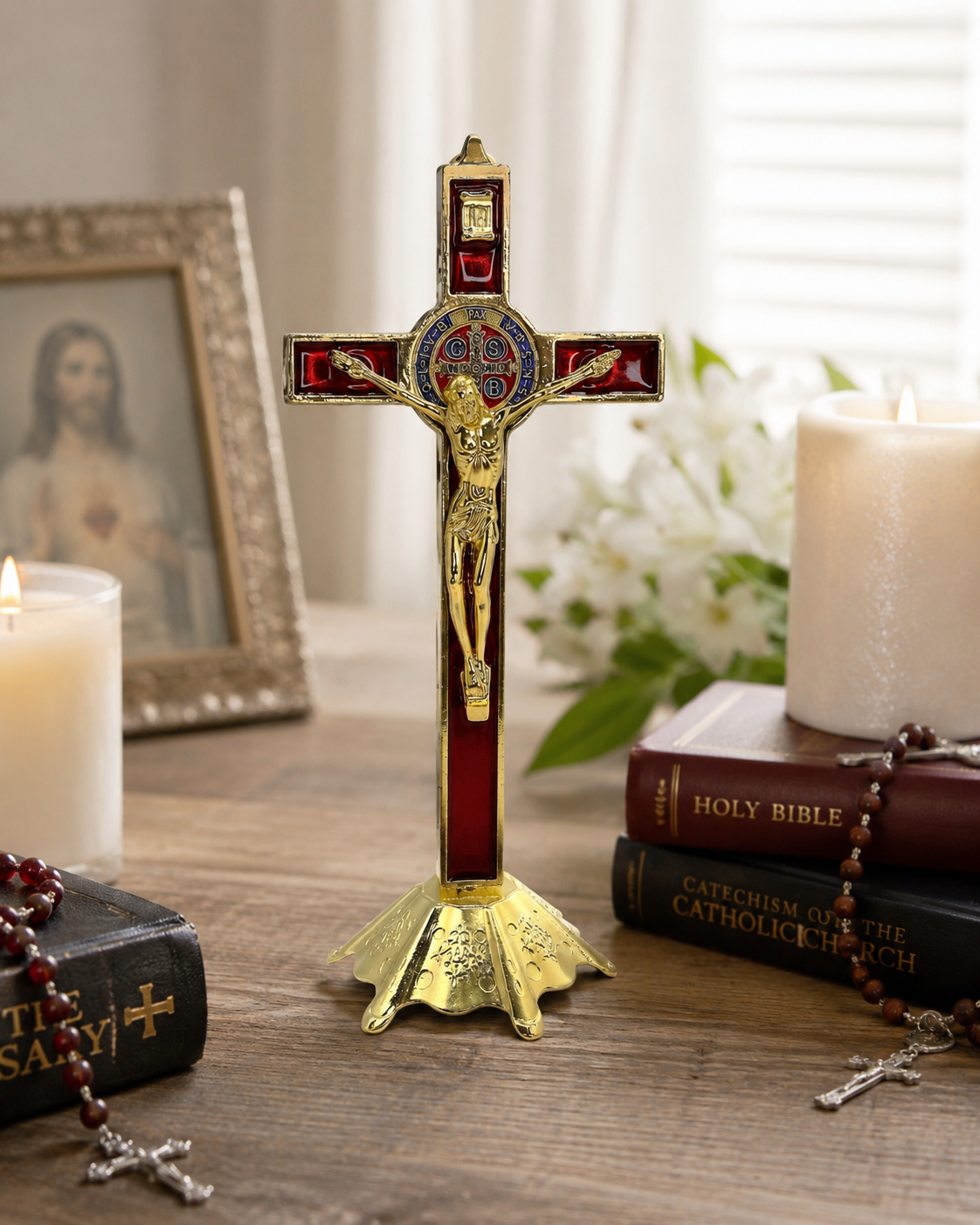 Standing St. Benedict Crucifix Gold Colored | 8-Inch Catholic Altar Cross with Red Enamel