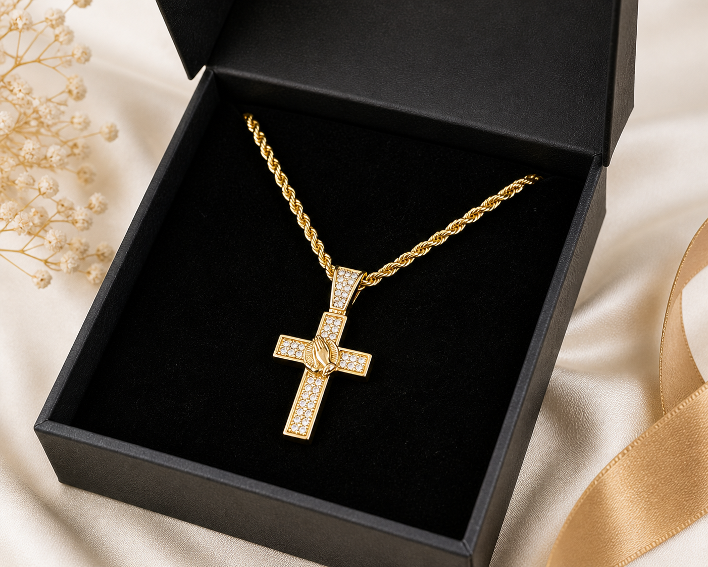 Cross Necklace with Praying Hands Pendant, Gold Rope Chain, CZ Diamond, Waterproof Stainless Steel